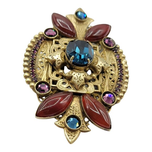 Sorrelli Goldtone Gripoix Nouveou Style, Rhinestone Brooch Signed - Picture 3 of 9